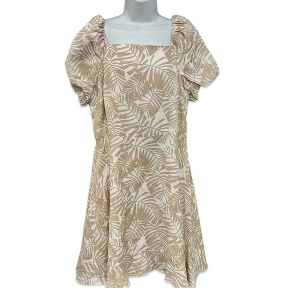Ann Taylor LOFT Tan Palm Leaf Linen Square Neck Puff Sleeve Dress sz 12 NEW Tags - Picture 5 of 13